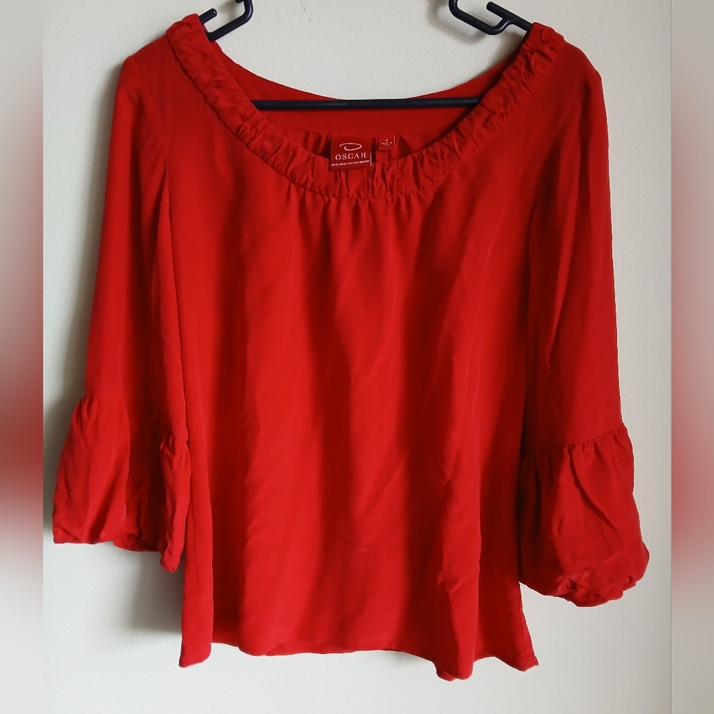 Oscar De LA Renta Blouse Women Size 8 Red Silk Vintage